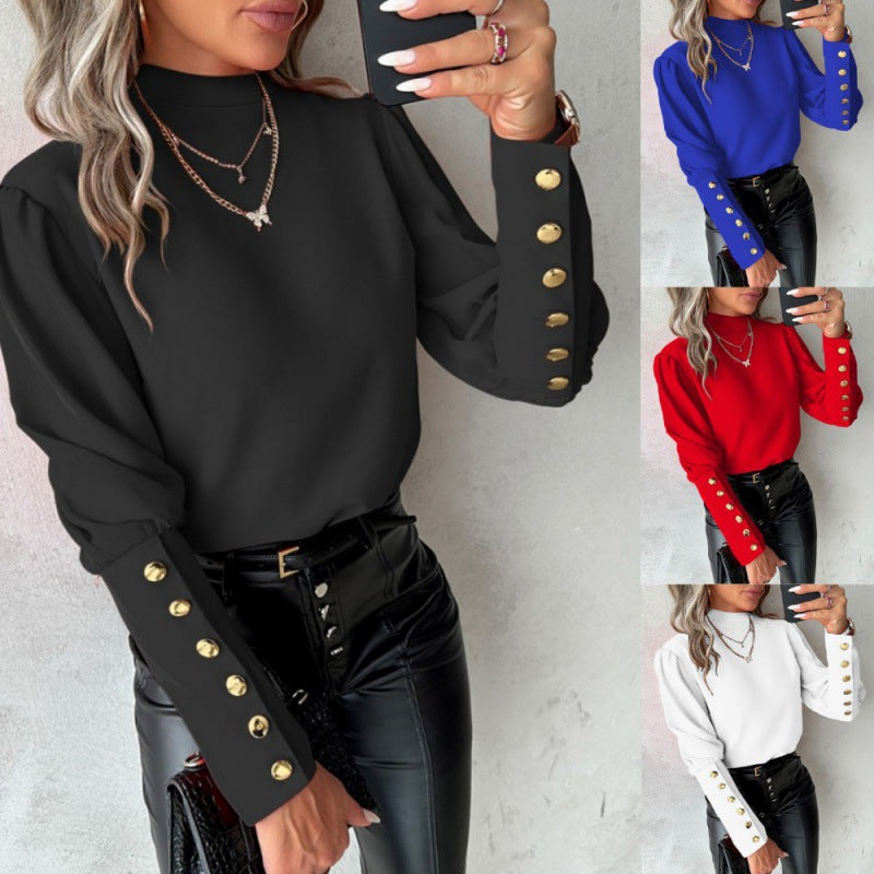 Damen elegante Bluse mit Puffärmeln und goldenen Knopfdetails R&B