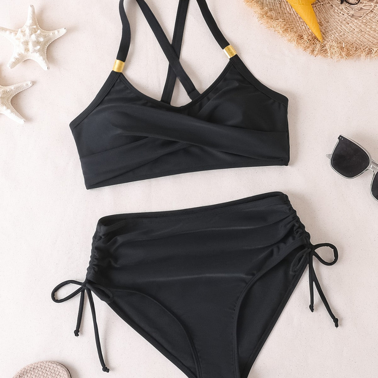Damen Hochtailliertes Bikini-Set mit elegantem Wickeldesign und verstellbaren Trägern R&B