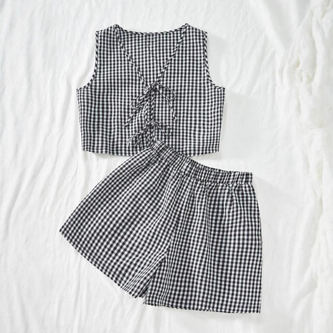 Damen Viskose Top mit kariertem Design und verspieltem Rückenzug R&B