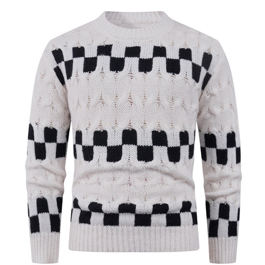 Herren Strickpullover mit kreativen geometrischen Mustern und hohem Kragen R&B