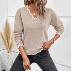 Damen lässiger Strickpullover mit gewelltem V-Ausschnitt und kontrastierenden Abschlüssen