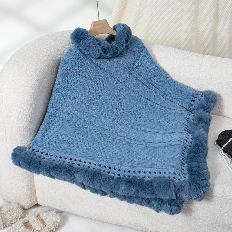 Damen kuscheliger Strickponcho mit samtigem Fellbesatz R&B