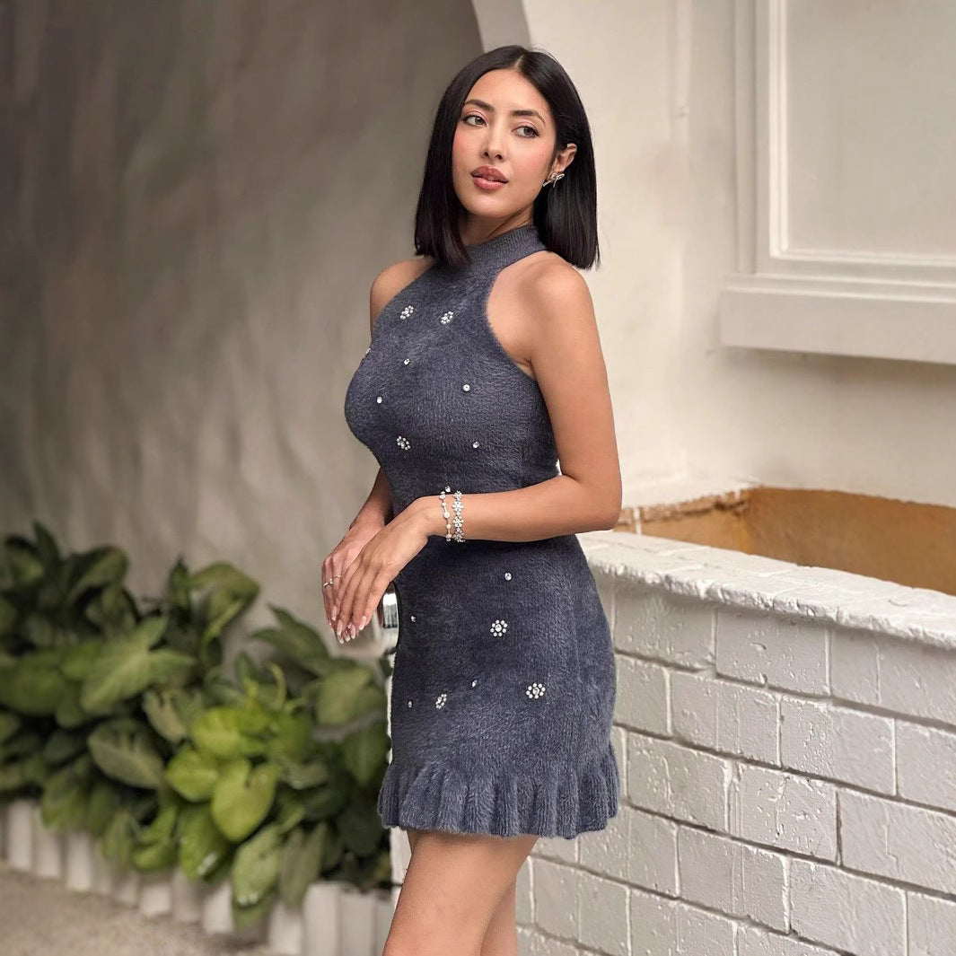 Damen elegantes Kleid mit Stehkragen und dekorativen Strass-Details R&B
