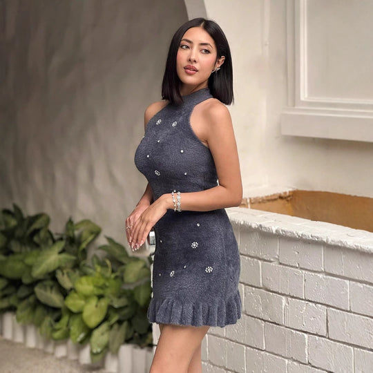 Damen elegantes Kleid mit Stehkragen und dekorativen Strass-Details R&B