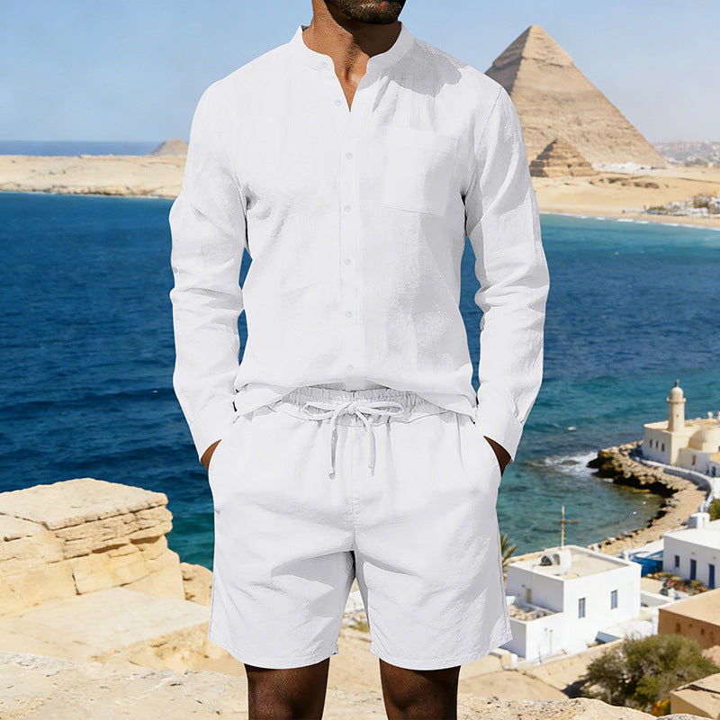 Herren nan sommerliches Leinen-Set mit Stehkragenhemd und Kordelzug-Kurzhose R&B