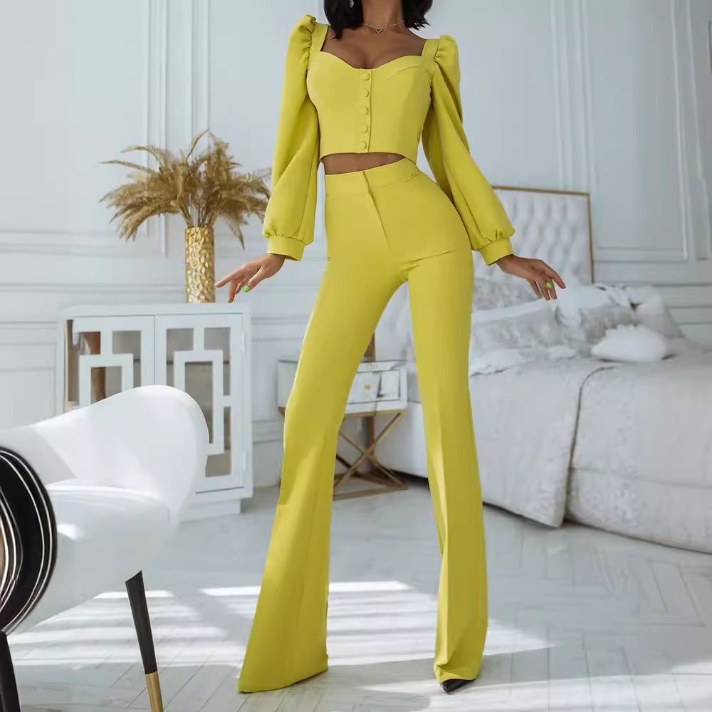Damen Hochwertiges Crop-Top mit Puffärmeln und Knopfdetails R&B
