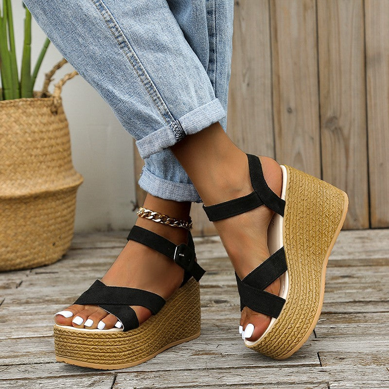 Damen Keil-Sandalen mit modischem Überkreuzriemen und rutschfester Sohle R&B