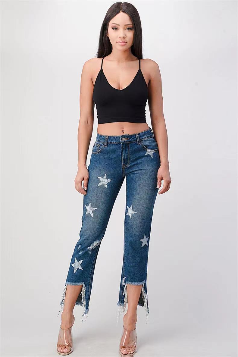 Damen modische Jeans mit Sternen-Design und fransigem Saum R&B
