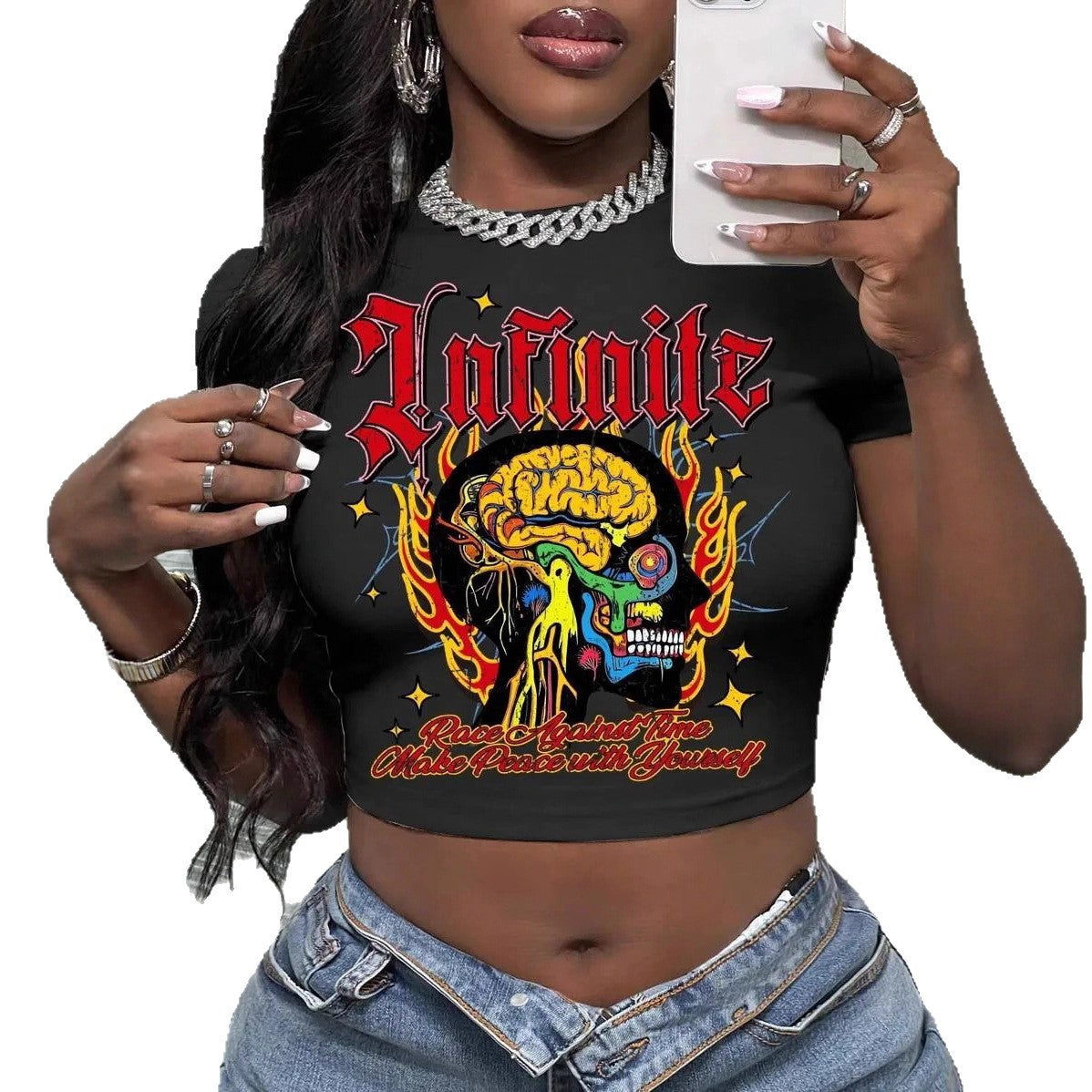 Damen Crop-Top mit künstlerischem Statement-Druck R&B