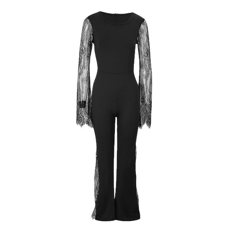 Damen Eleganter Jumpsuit mit schimmernder Spitze und weitem Bein R&B