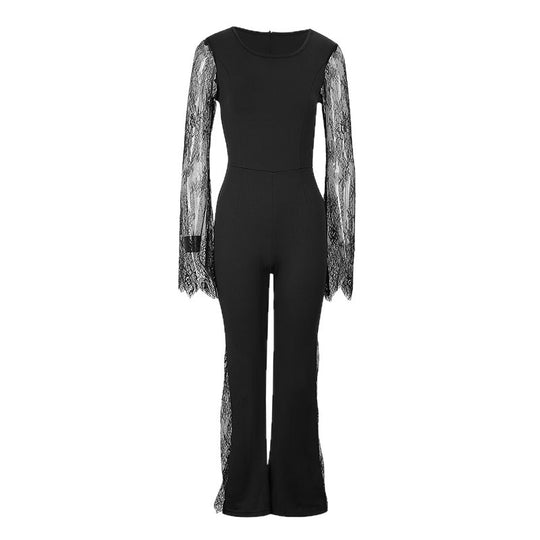 Damen Eleganter Jumpsuit mit schimmernder Spitze und weitem Bein R&B