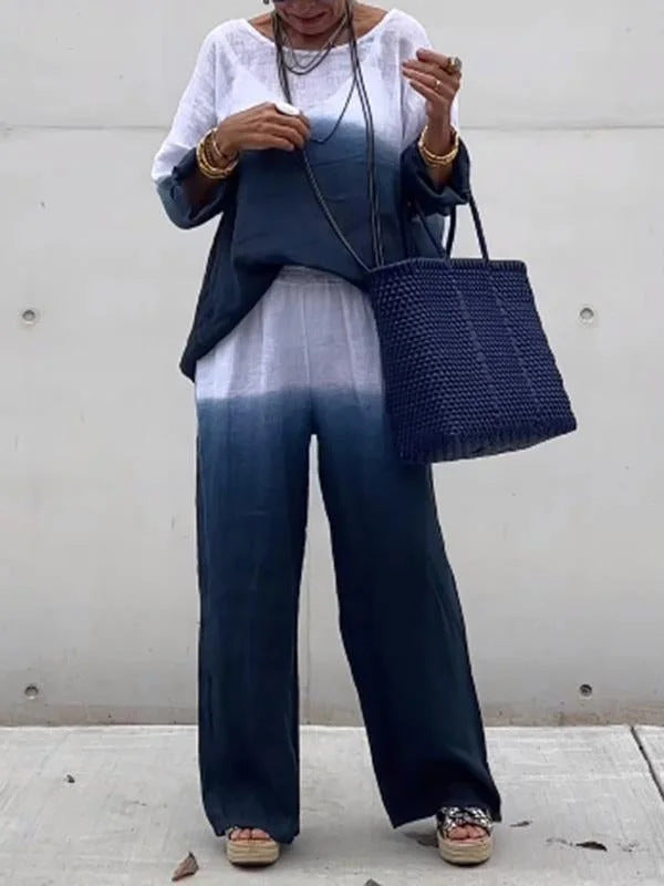 Damen lässiges Leinen-Outfit mit weiten Hosen und lockerer Bluse R&B