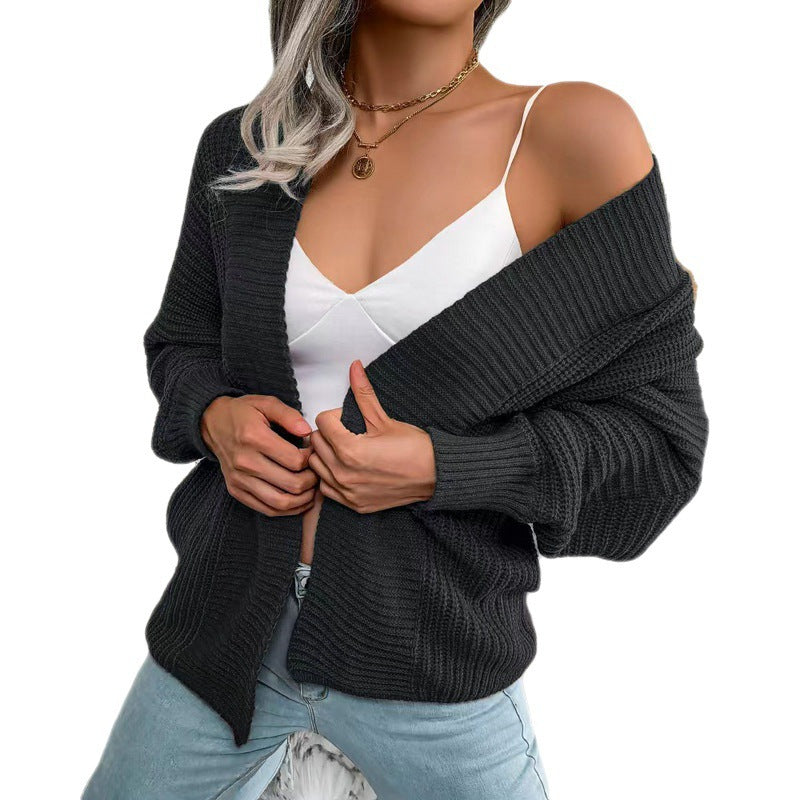 Damen Grobstrick Cardigan mit weit geschnittenen Ärmeln und offenem V-Ausschnitt R&B