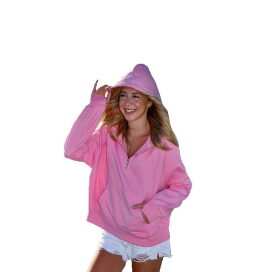 Damen bequemer Kapuzensweater mit kurzem Reißverschluss und Kängurutasche R&B