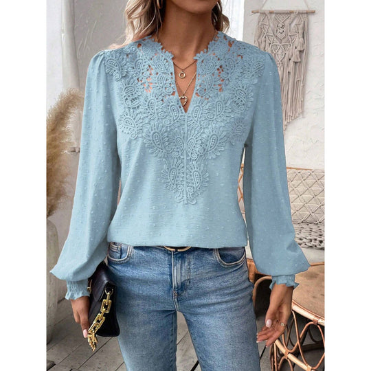 Damen Bluse mit gesticktem V-Ausschnitt und langen Ärmeln R&B
