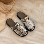 Damen Elegante Woven Sandalen im Metallic-Look mit verstellbarem Riemen