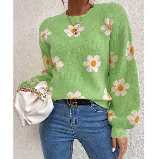Damen Pullover mit floralem Muster und voluminösen Ärmeln R&B