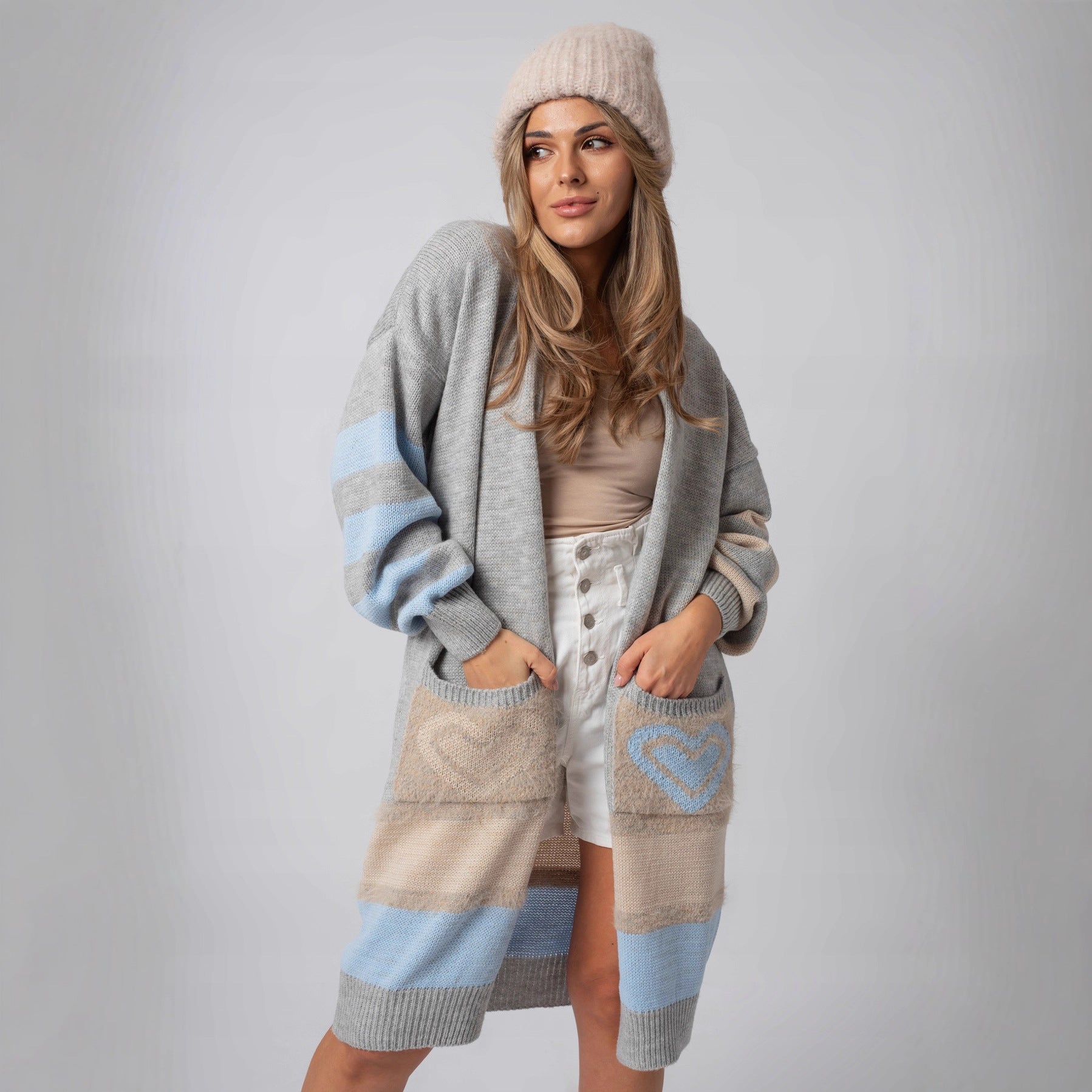 Damen Langärmliger Strickcardigan mit herzförmigen Taschen und modernem Farbblocking R&B