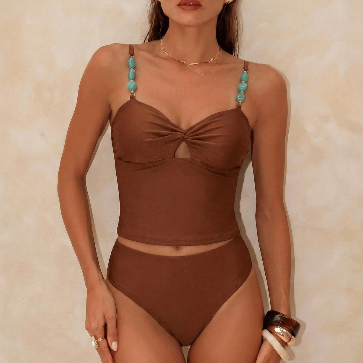 Damen Crop-Top Bikini mit dekorativen Trägerdetails R&B