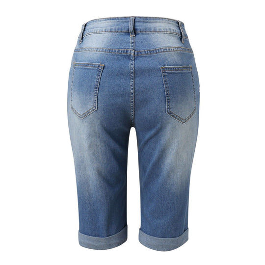 Damen Modische Destroyed Denim-Shorts mit Hohem Bund und Aufgerissenen Details R&B