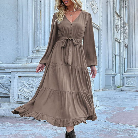 Damen Maxikleid mit Knopfleiste, Taillengürtel und Rüschensaum R&B
