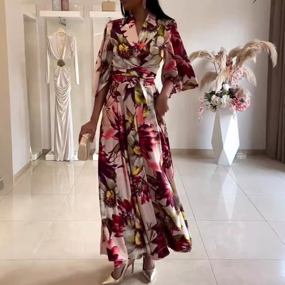Damen nan Maxikleid mit Reverskragen, Kimonoärmeln und taillierendem Bindegürtel R&B