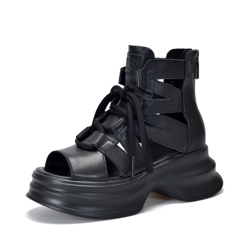 Damen modische Plateau-Sandalen mit durchlässigem Leder und innovativem Schnürsystem R&B