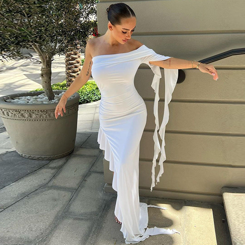 Damen elegantes Wickelkleid mit asymmetrischem Rüschendesign und dekorativem Oberteil R&B
