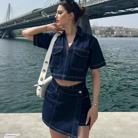 Damen modisches Denim-Kurzoberteil und Rock Set R&B