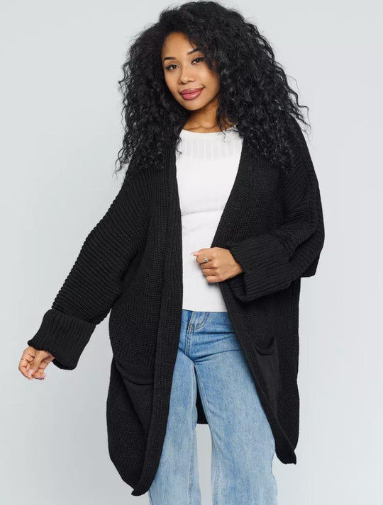 Damen Oversized Strickjacke mit großen Taschen und bequemen Rippenärmeln R&B