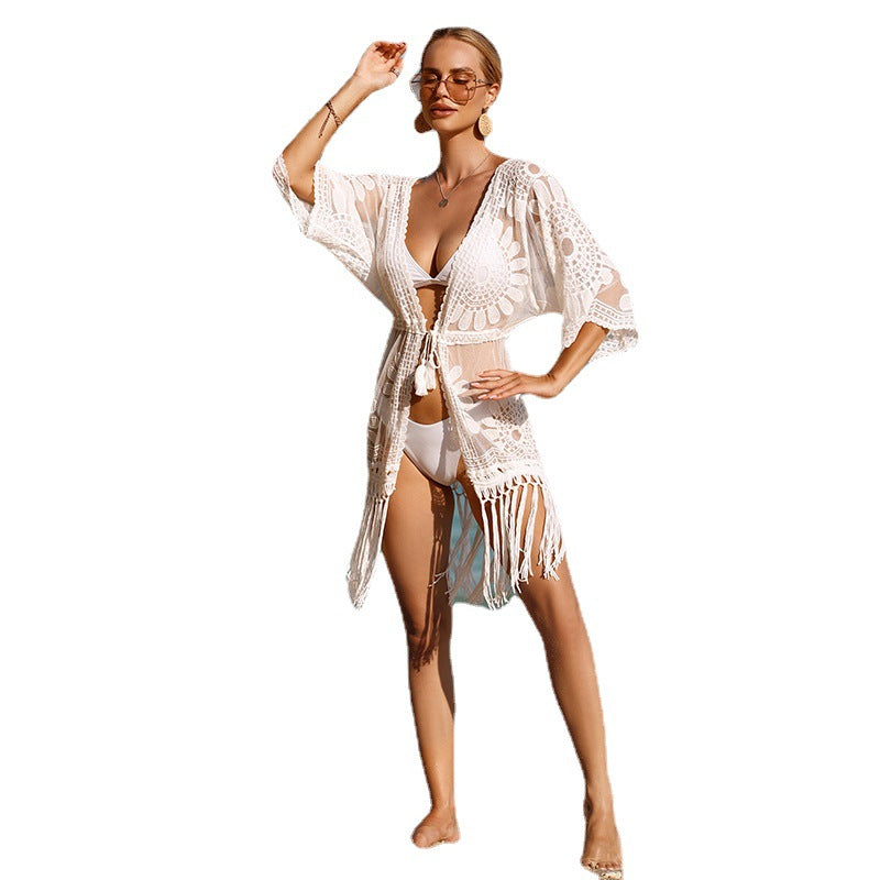 Damen Häkel-Strandüberwurfkleid mit fransigem Saum und floralem Design R&B