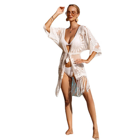 Damen Häkel-Strandüberwurfkleid mit fransigem Saum und floralem Design R&B