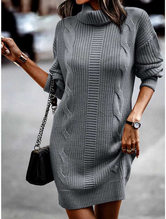 Damen Strickkleid mit Rollkragen und Zopfdesign R&B