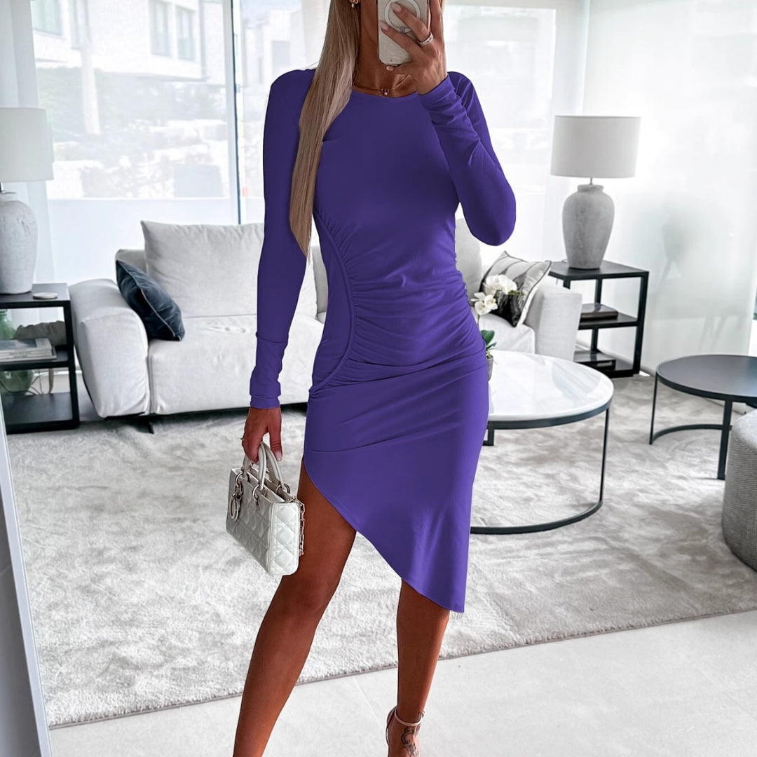Damen figurbetontes Langarmkleid mit asymmetrischem Schnitt und Raffungen R&B