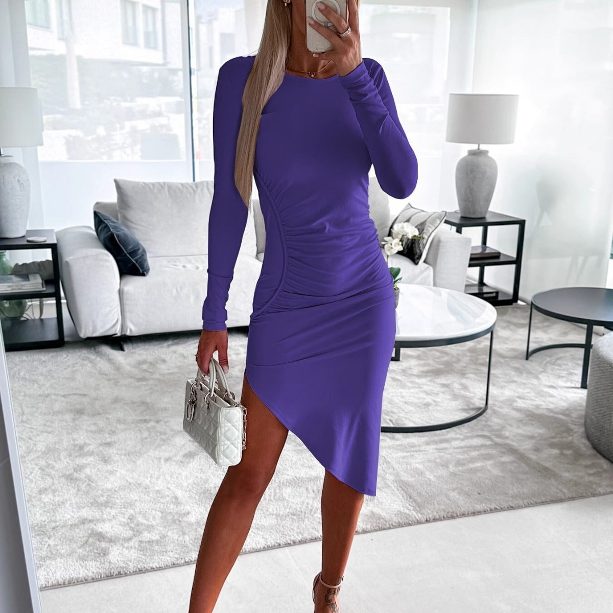 Damen figurbetontes Langarmkleid mit asymmetrischem Schnitt und Raffungen R&B