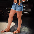 Damen Shorts mit blumigen Verzierungen und fransigem Saum R&B