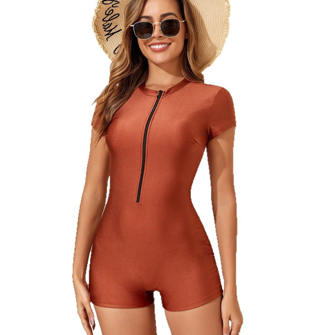 Damen Sportlicher Kurzarm Badeanzug mit Reißverschluss R&B