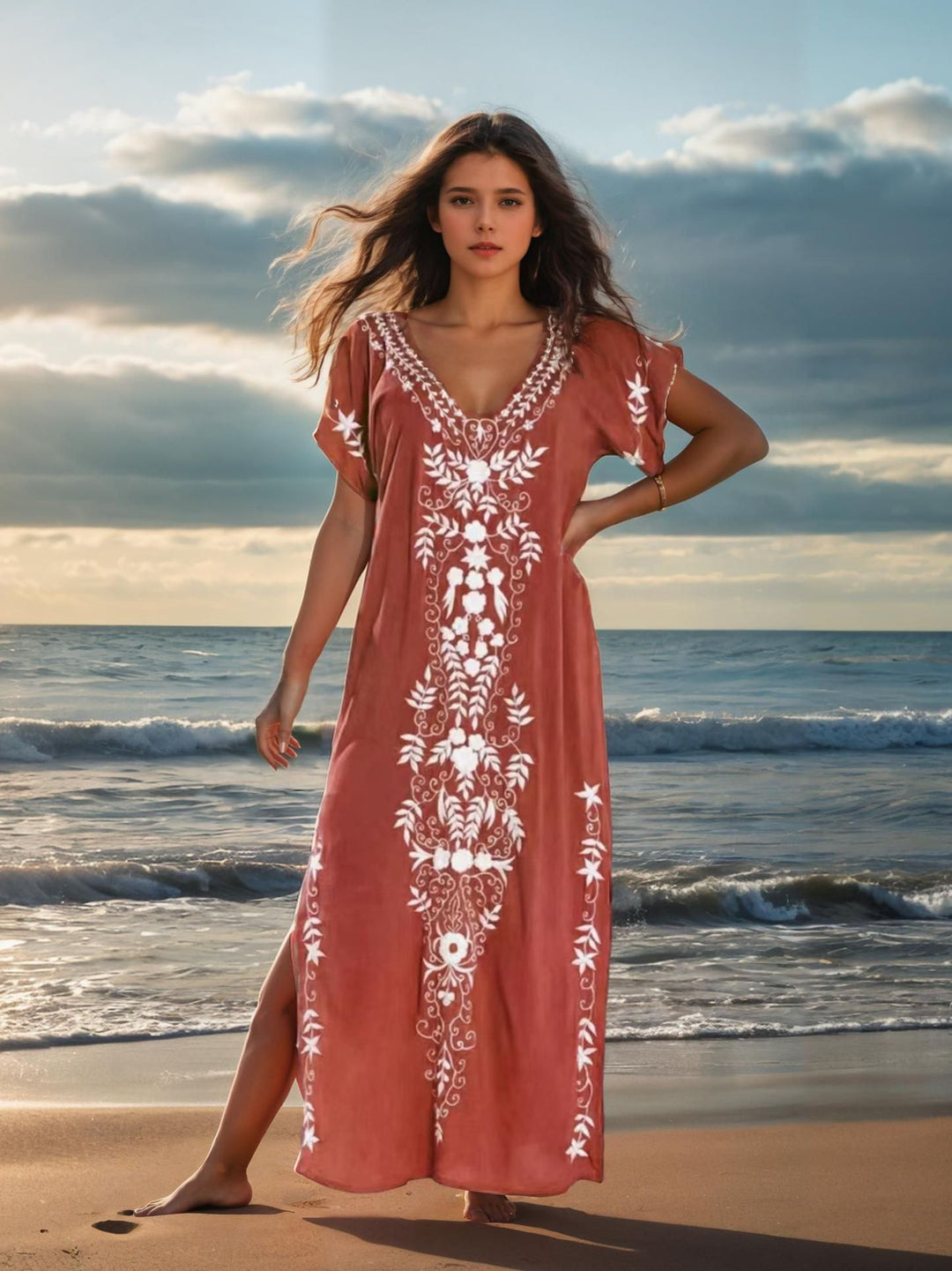 Damen eleganter Strandüberwurf mit filigranem Stickereidesign R&B