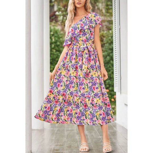 Damen Maxikleid mit asymmetrischem Schnitt und floralem Volantdesign R&B