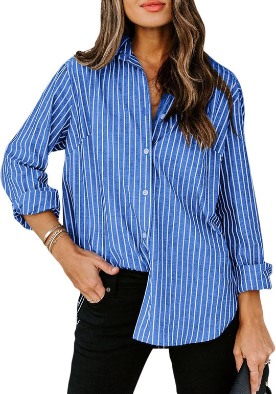 Damen gestreifte Bluse mit klassischem Kragen und lässigem Schnitt R&B