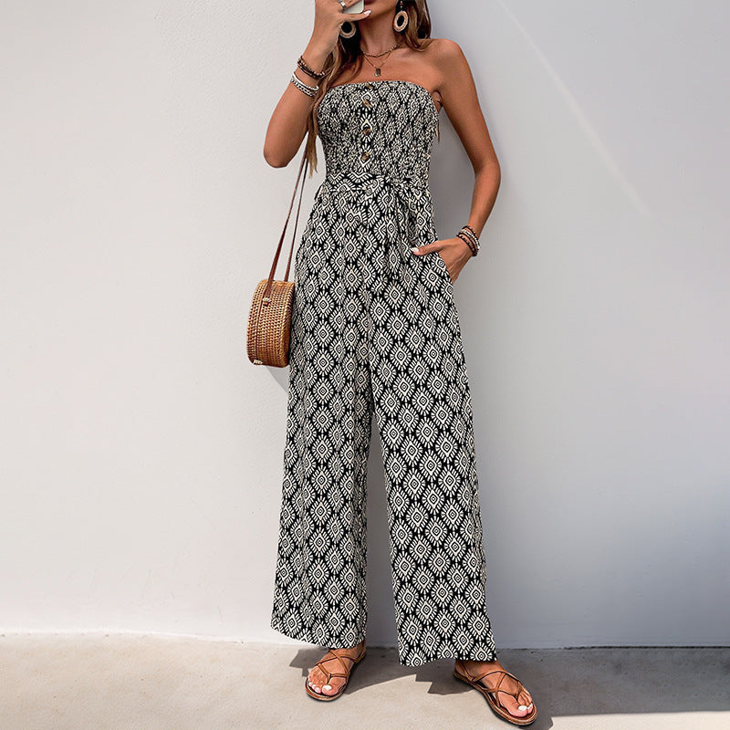 Damen Alltagsjumpsuit mit elastischem Oberteil und modischem Muster R&B