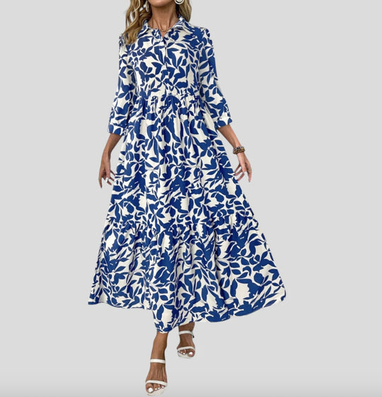 Damen Langarm Maxikleid mit modernen Streifenmuster und Taschen R&B