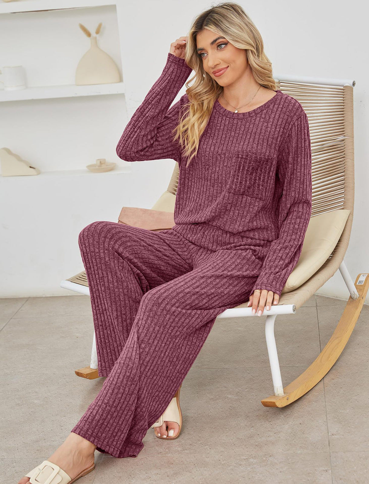 R&B | Lounge Satz Strickrib Textur Lockere Passform Langärmliges Oberteil & Hose