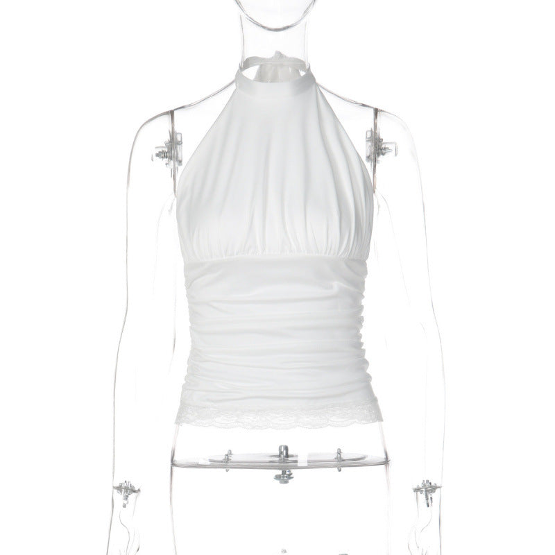Damen Elegantes Haltertop mit Rüschen und Spitzenabschluss R&B