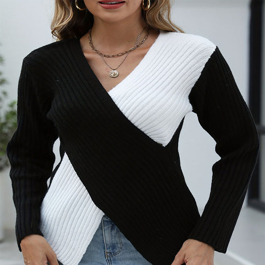 Damen eleganter V-Ausschnitt Pullover mit asymmetrischem Streifenmuster R&B