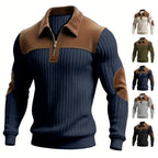 Herren nan gerippter Halbzip-Pullover mit kontrastierenden Lederapplikationen an Schultern und Ellenbogen R&B