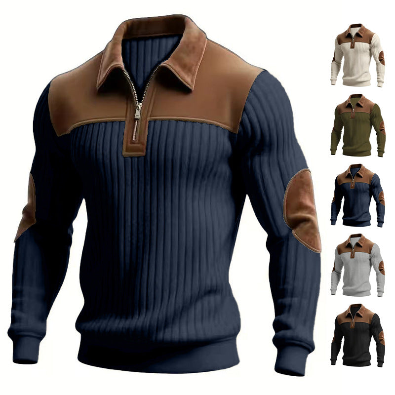 Herren nan gerippter Halbzip-Pullover mit kontrastierenden Lederapplikationen an Schultern und Ellenbogen R&B