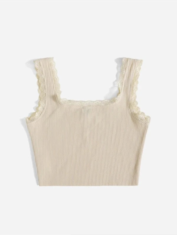 Damen modisches Basic-Crop-Top aus feiner Rippstruktur mit Spitzenrand R&B