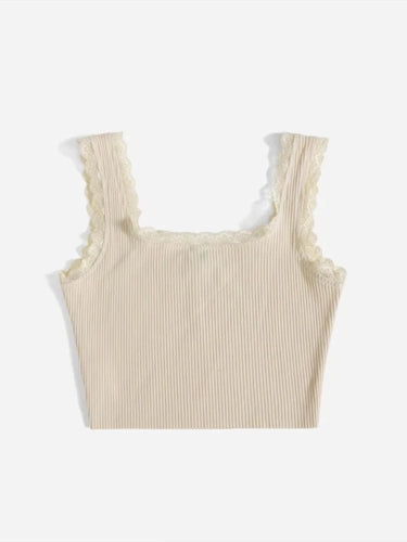 Damen modisches Basic-Crop-Top aus feiner Rippstruktur mit Spitzenrand R&B