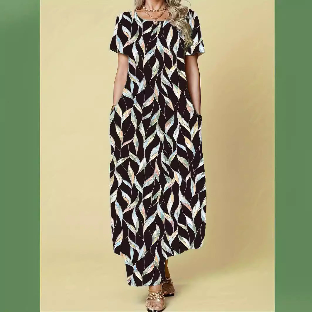Damen Maxikleid mit elegantem Blattmuster und praktischen Taschen R&B